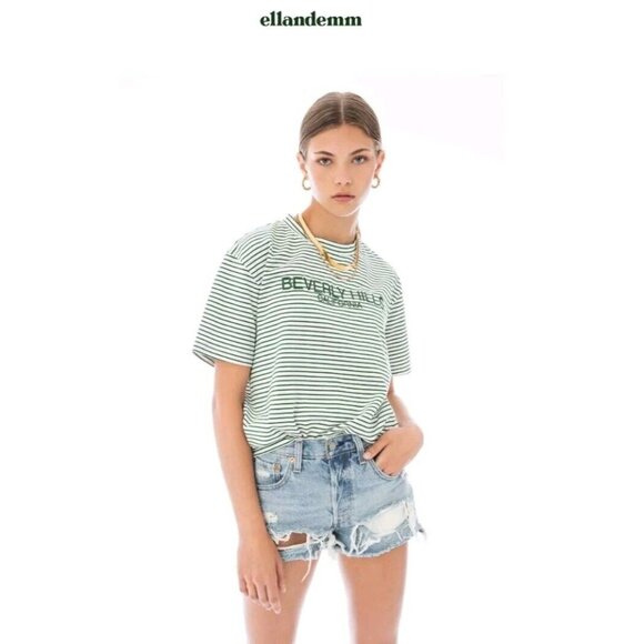Ellandemm Beverly Hills White Green Striped Short Sleeve Tee Top Embroidered NWT - Picture 2 of 4